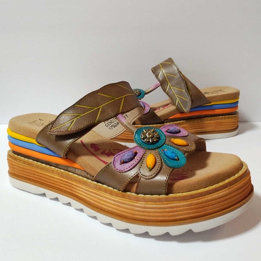 L'Artiste by Spring Step Peacock Leather Wedge Slides Platform Sandals Sz 41